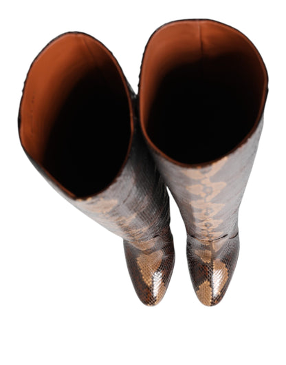 Brown Python Snakeskin Print Riding Boots Shoes