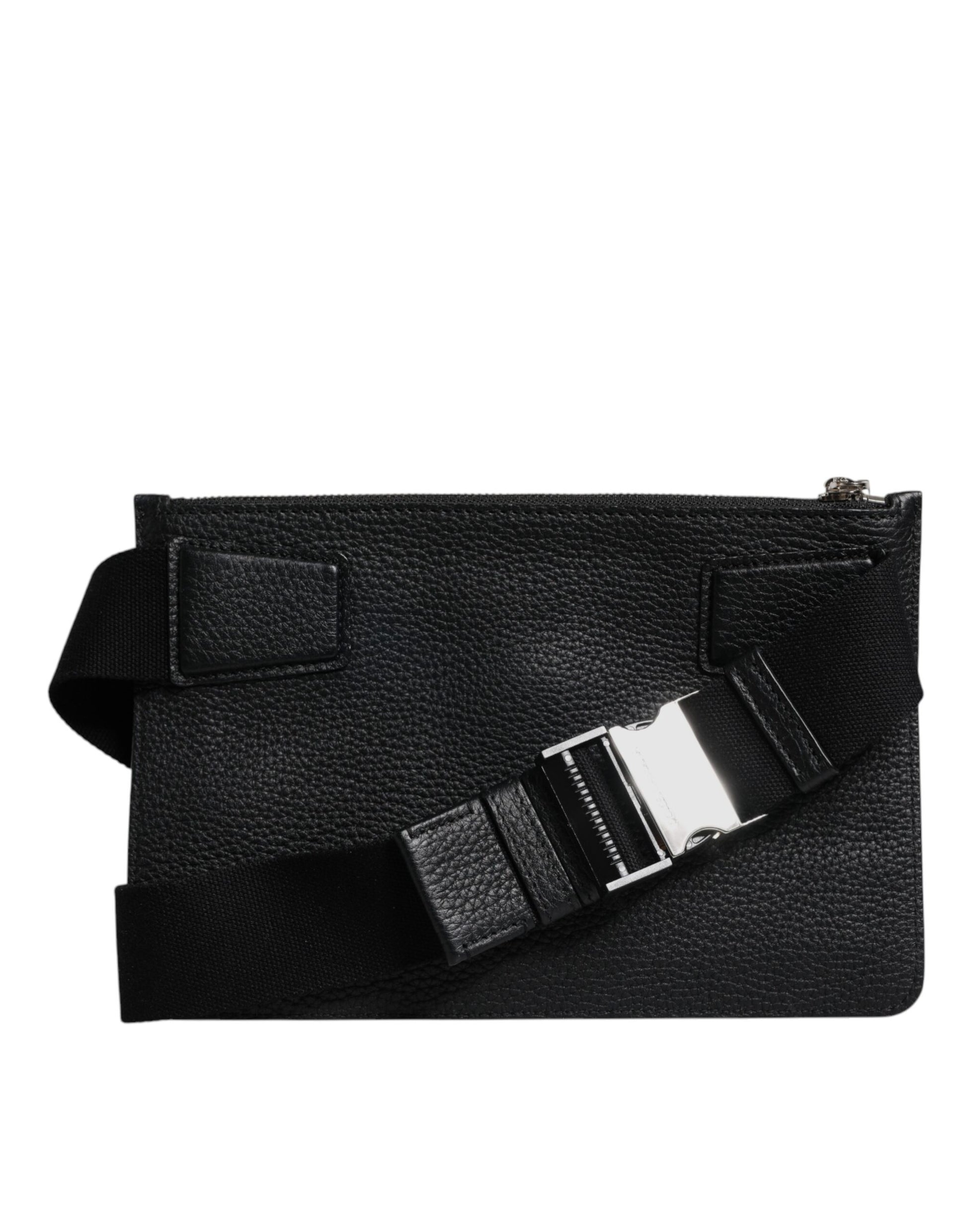 Black Leather Logo Embossed Waist Fanny Pack Bag