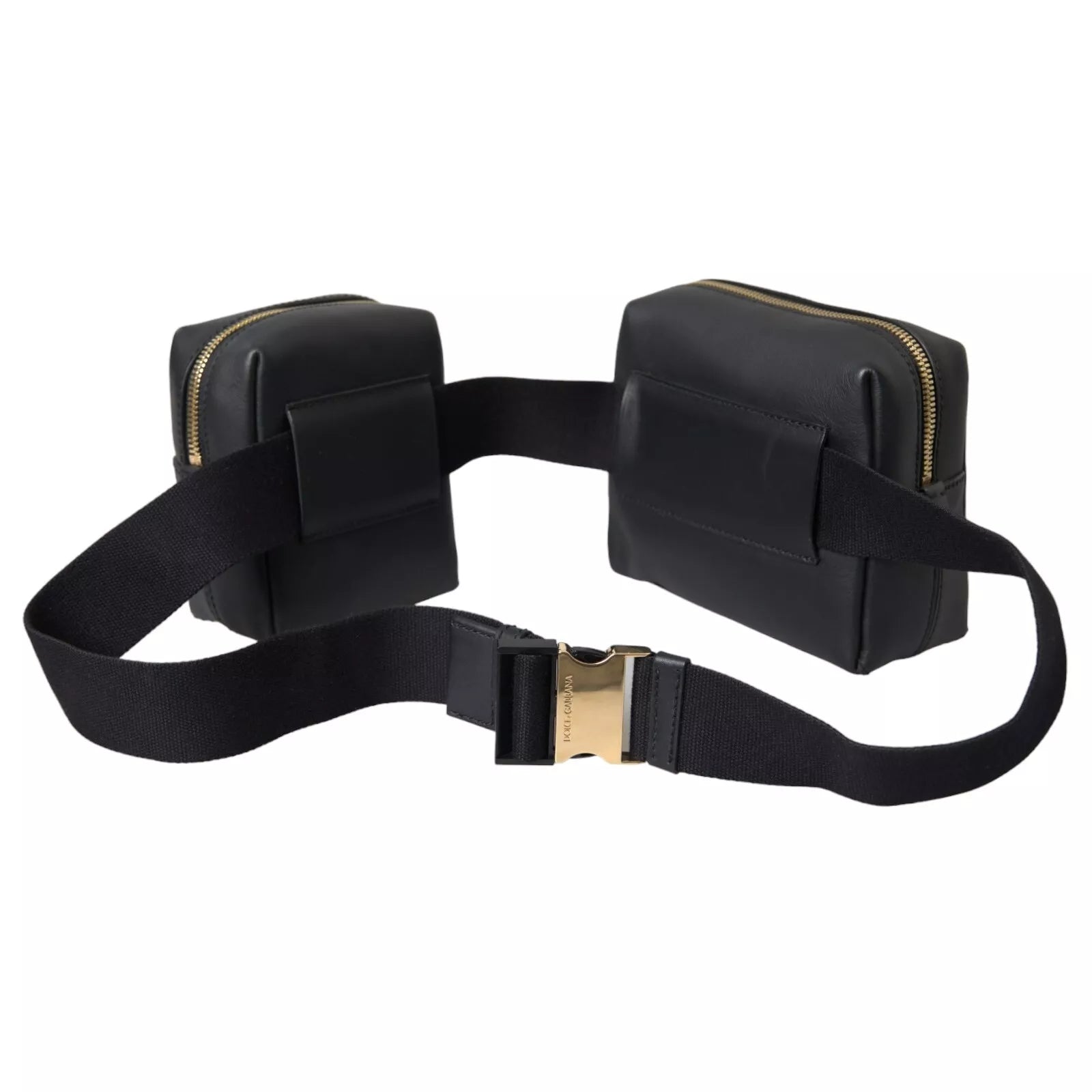 Black Calfskin Leather Double Waist Belt Fanny Pack Bag