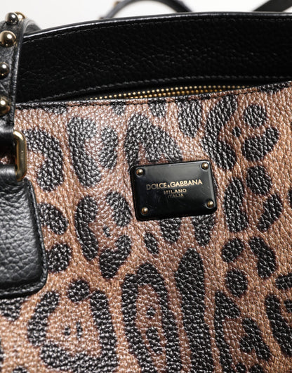 Brown Leopard GLAM Leather Logo Plaque Tote Bag