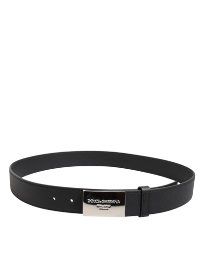 Black Leather Classic Metal Logo Buckle Belt