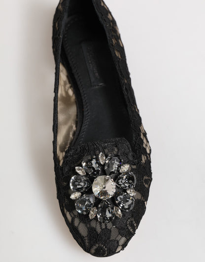 Black Taormina Lace Crystals Flats Shoes