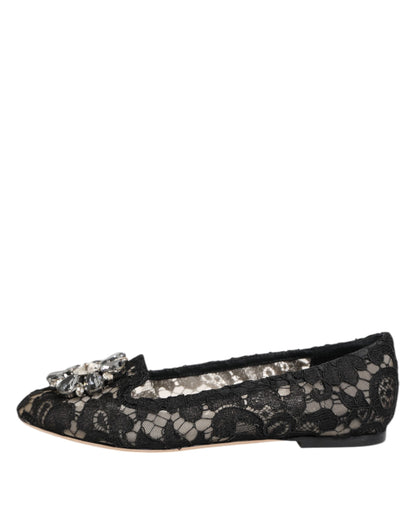 Black Taormina Lace Crystals Flats Shoes