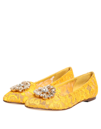Yellow Taormina Lace Crystals Flats Shoes