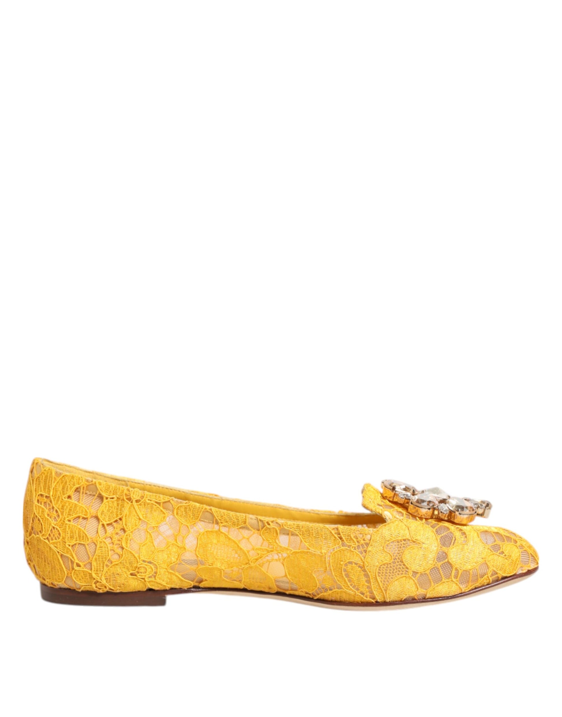 Yellow Taormina Lace Crystals Flats Shoes