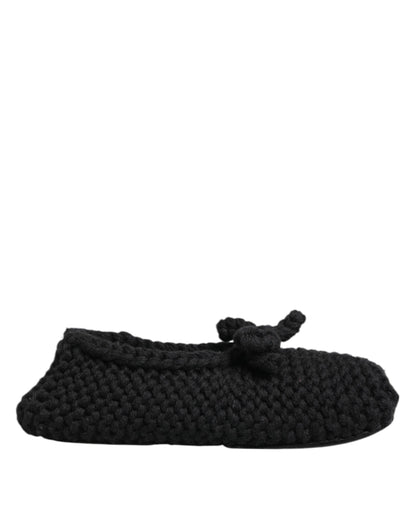 Black Wool Knit Slip On Ballerina Flats Shoes