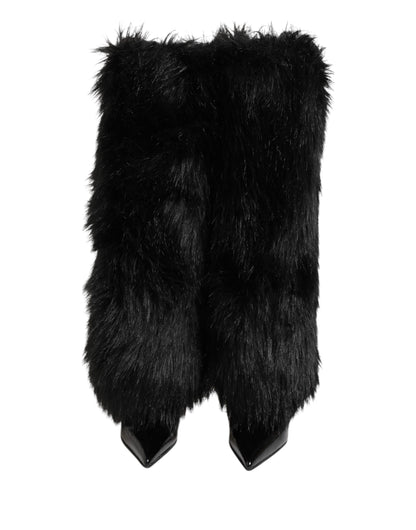 Black Faux Fur Pointed Knee High Stiletto Boots Shoes