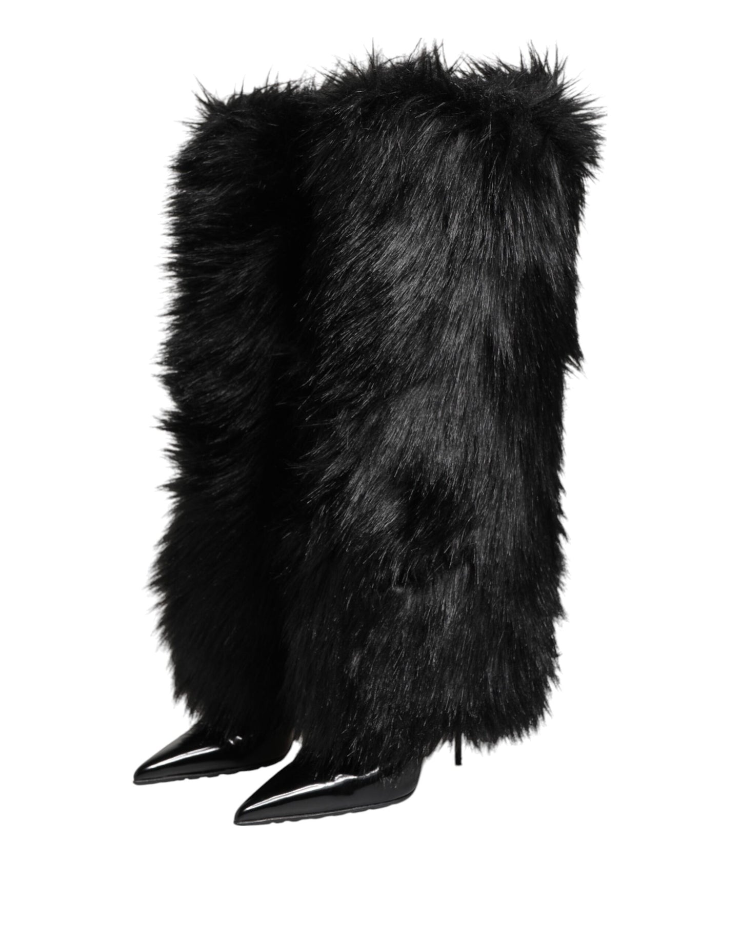 Black Faux Fur Pointed Knee High Stiletto Boots Shoes
