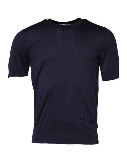 Dark Blue Silk Crew Neck Short Sleeves T-shirt