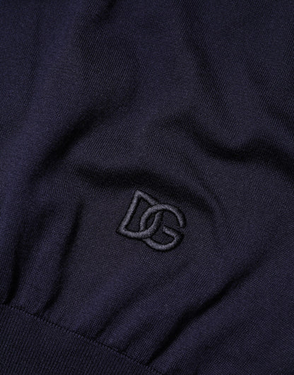 Dark Blue Silk Crew Neck Short Sleeves T-shirt