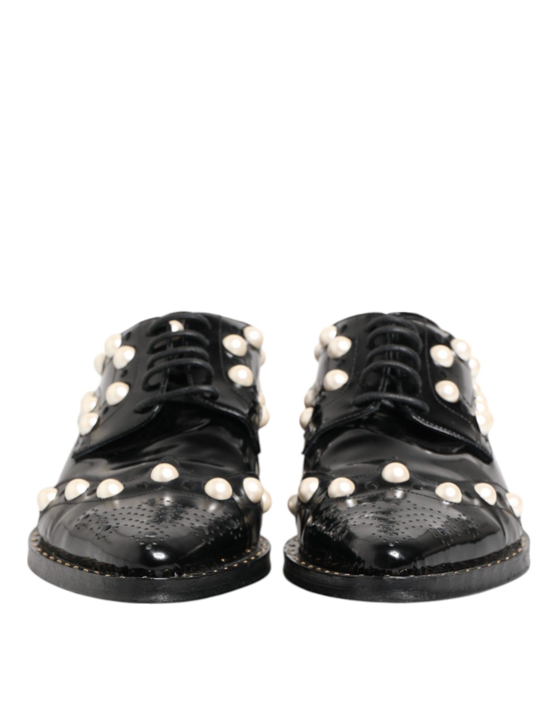 Black Leather Faux Pearl Dress Broque Shoes