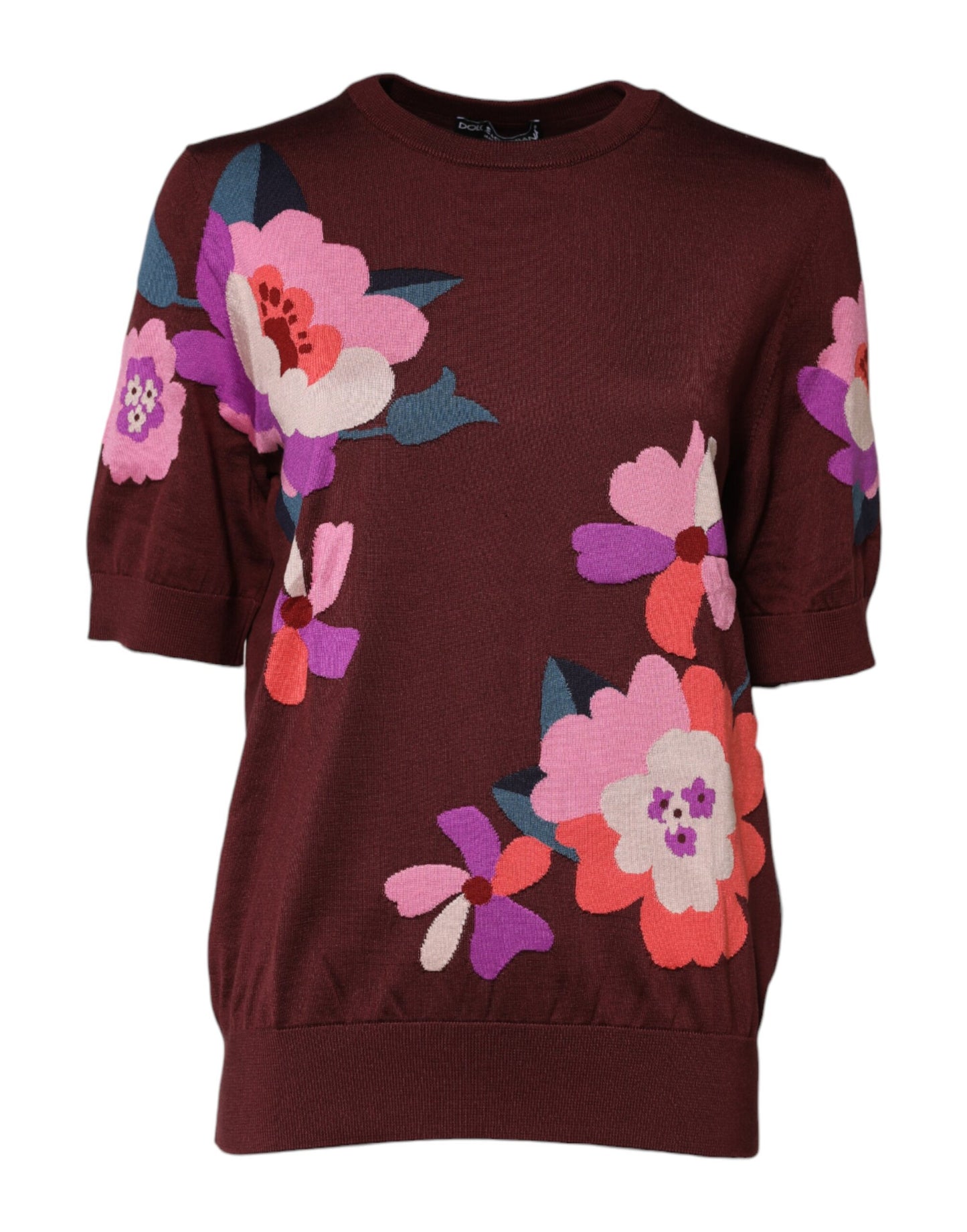 Maroon Floral Silk Crew Neck Blouse Top