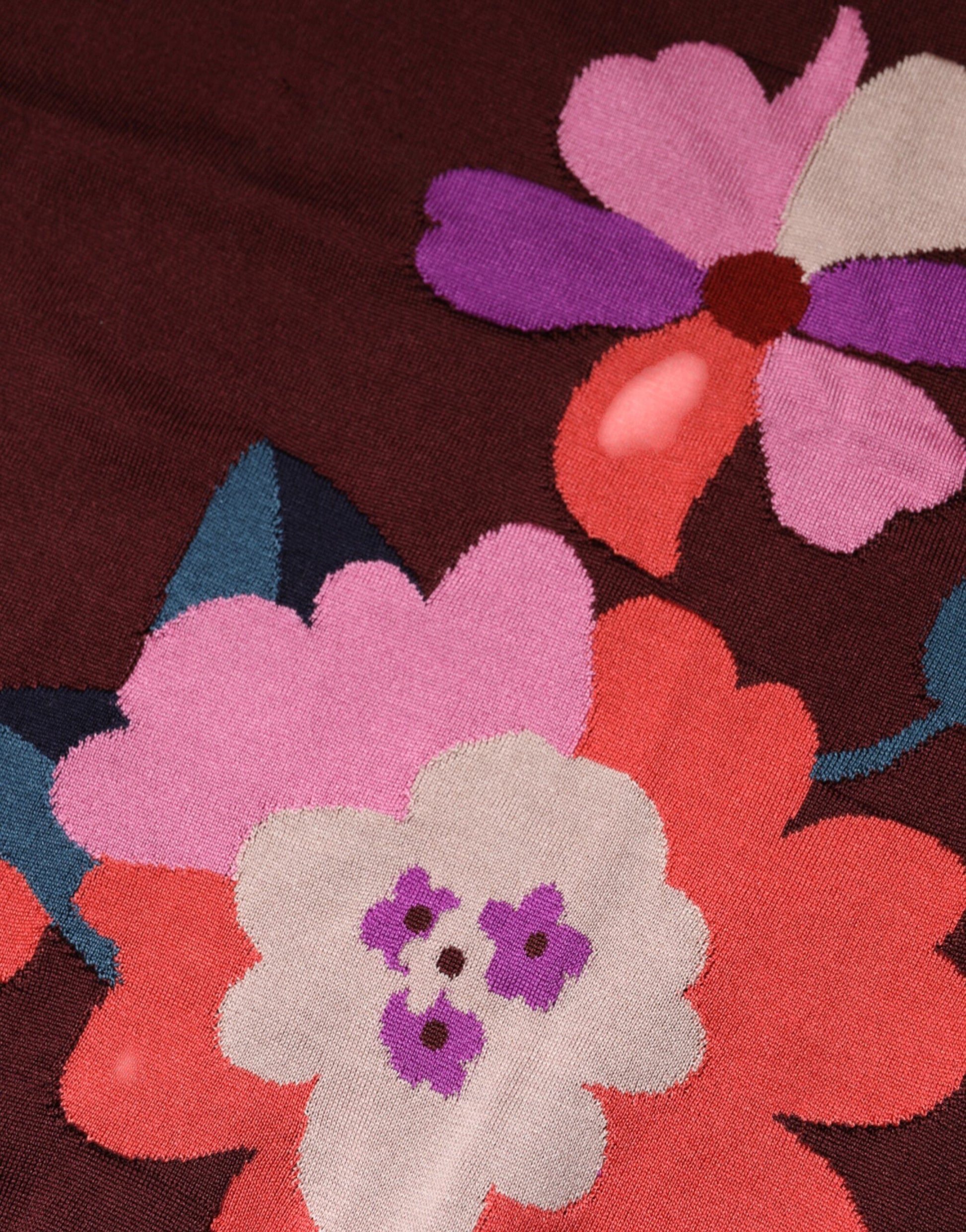 Maroon Floral Silk Crew Neck Blouse Top