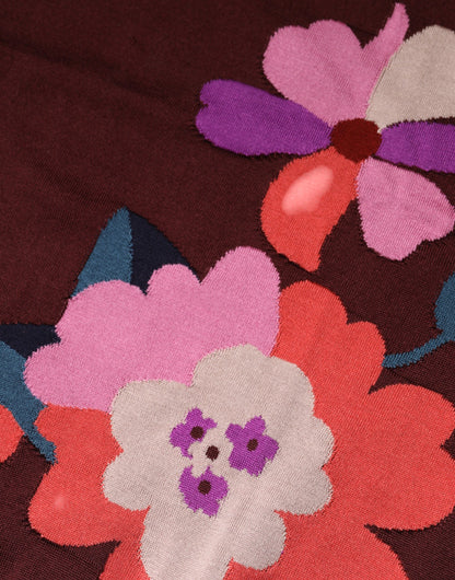 Maroon Floral Silk Crew Neck Blouse Top