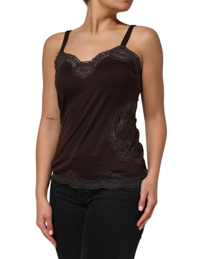 Dark Brown Lace Trim Wool Sleeveless Tank Top