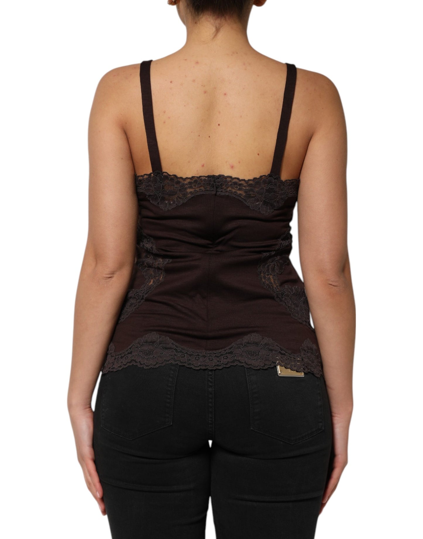 Dark Brown Lace Trim Wool Sleeveless Tank Top