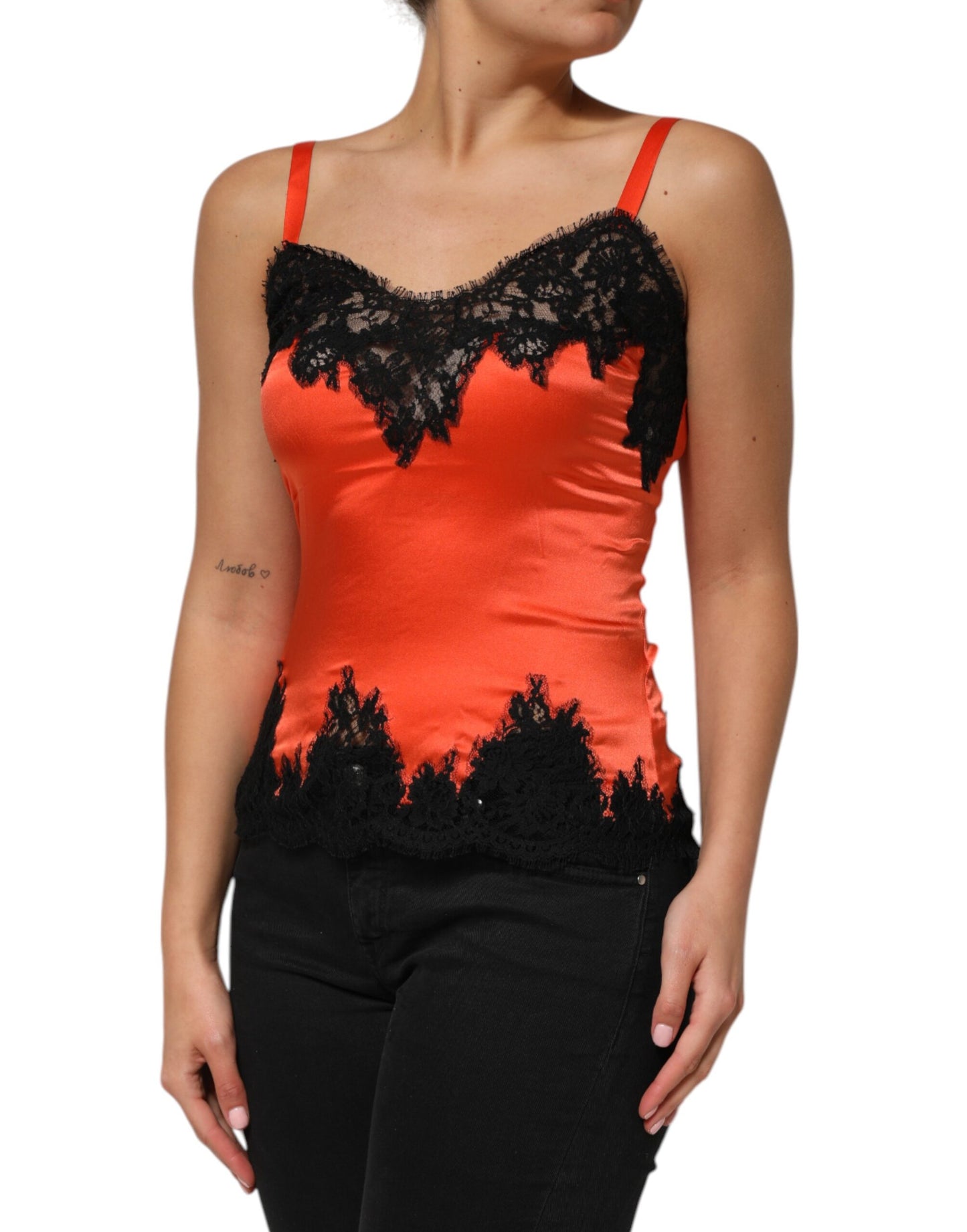Red Black Lace Trim Silk Sleeveless Tank Top