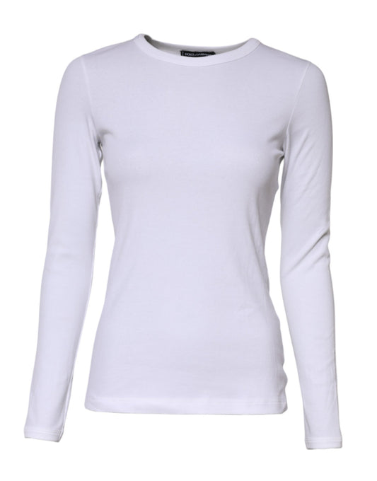White Cotton Knit Round Neck Long Sleeves T-shirt