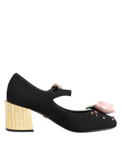 Black Flower Crystal Embellished Mary Jane Shoes