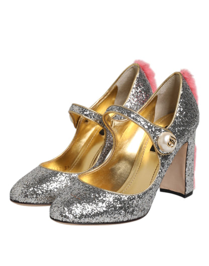 Silver Glitter Mink Fur VALLY Pump Shoes