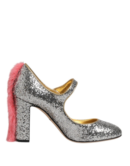 Silver Glitter Mink Fur VALLY Pump Shoes