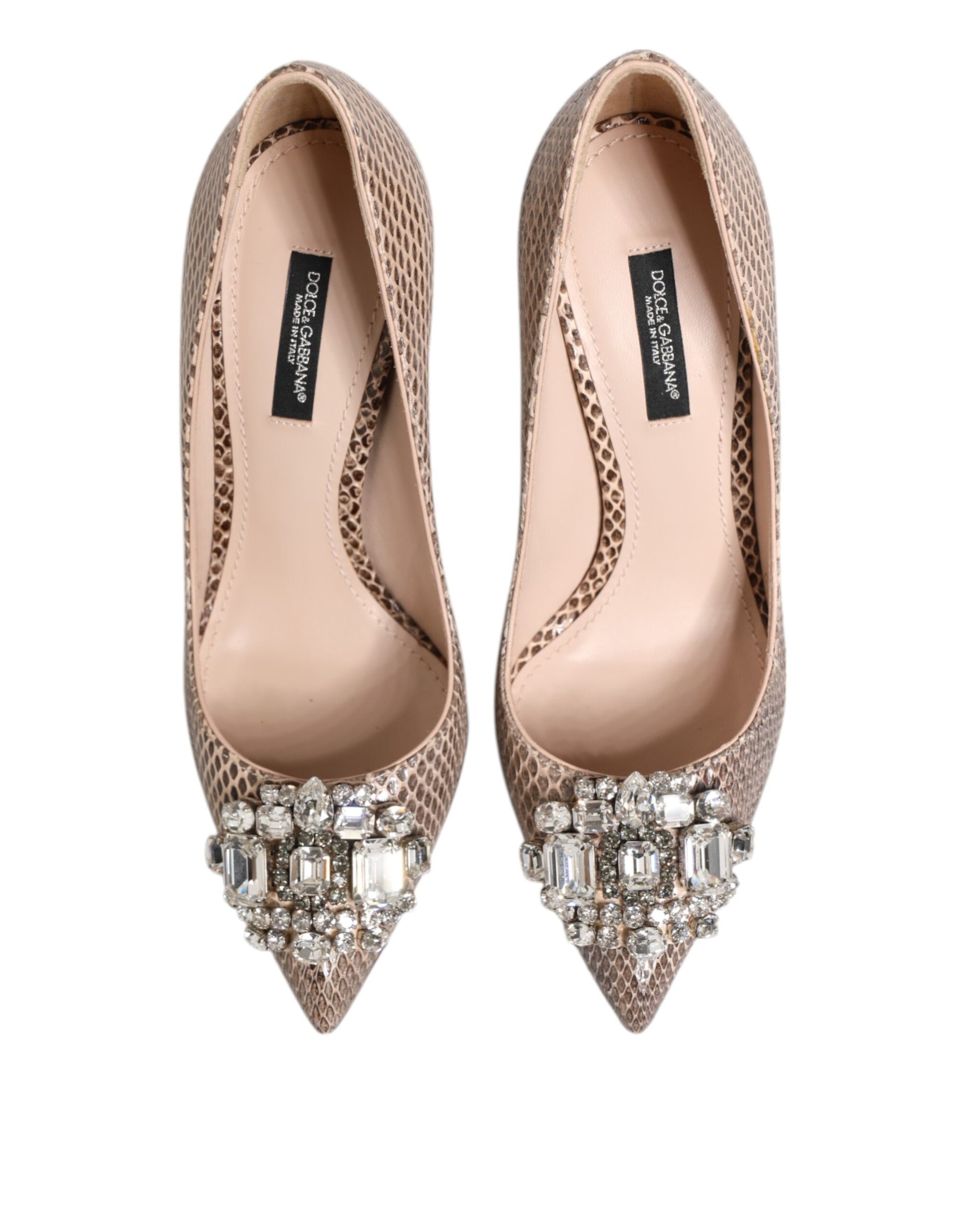 Beige Leather Crystal Embellished Pumps Shoes