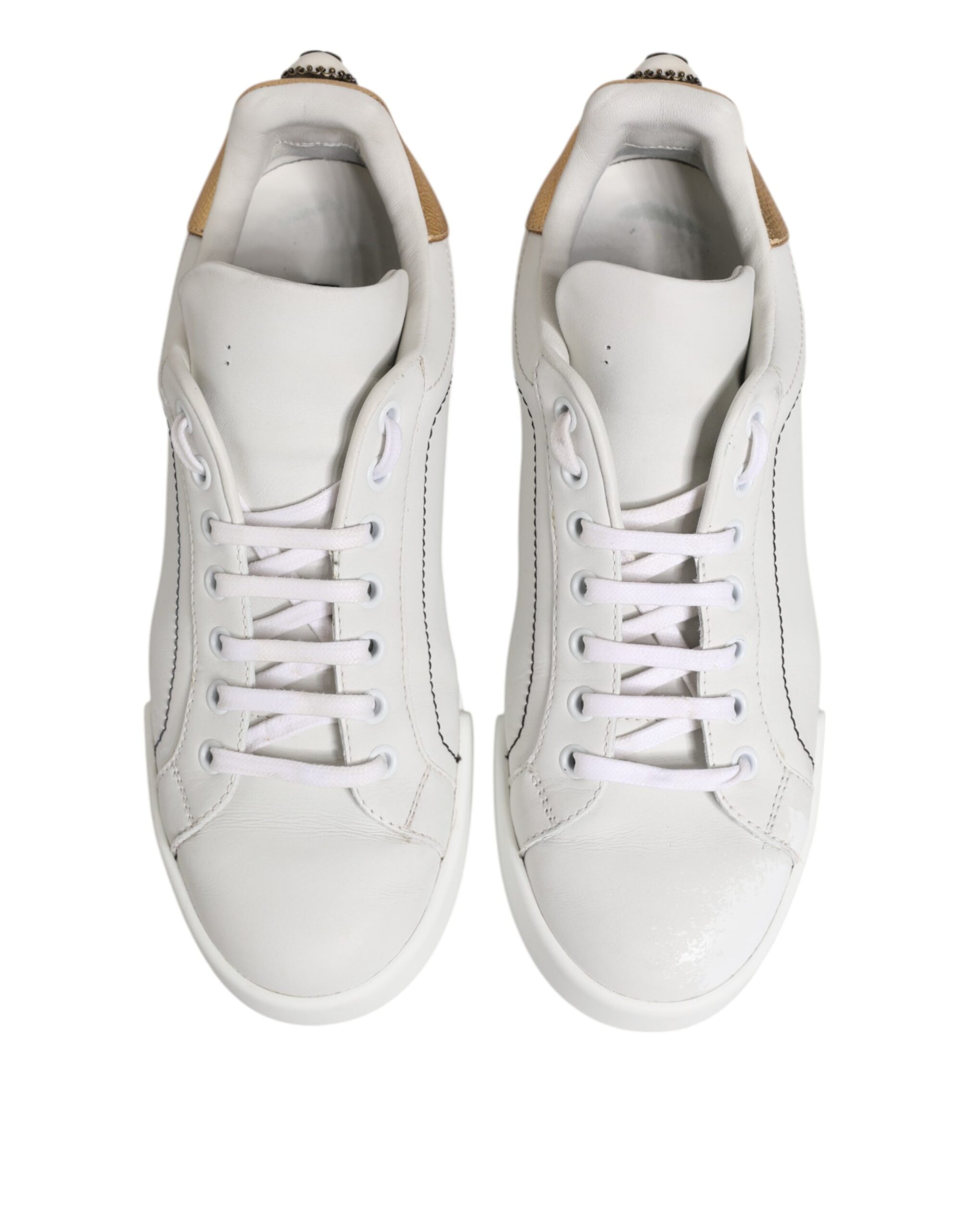 White Gold Leather Low Top Sneakers Shoes
