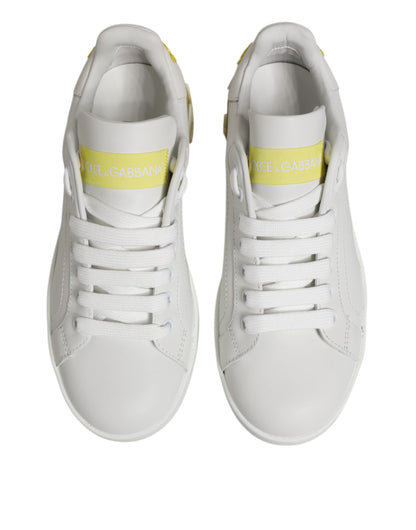 White Yellow Leather Low Top Sneakers Shoes