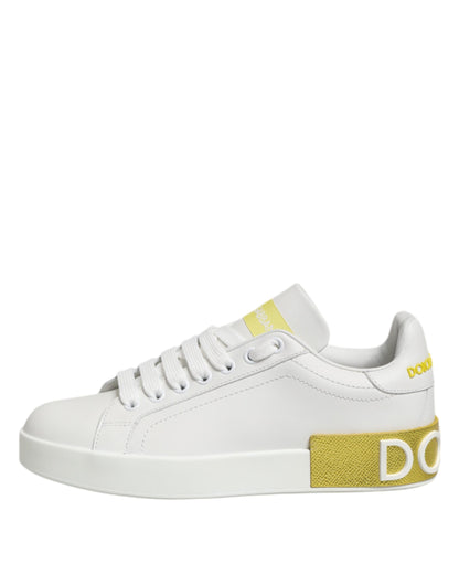 White Yellow Leather Low Top Sneakers Shoes