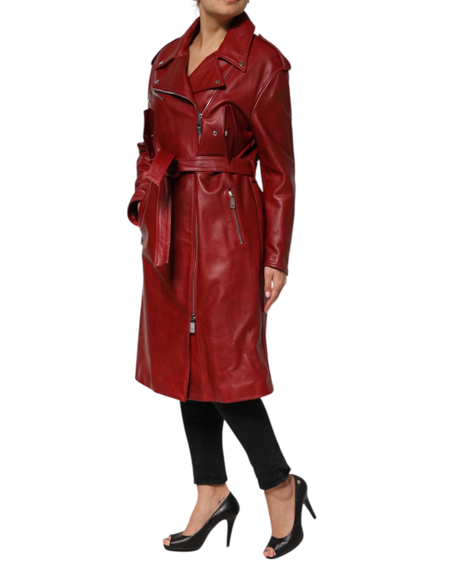 Red Leather Belted Full Zip Trench Coat Jacket