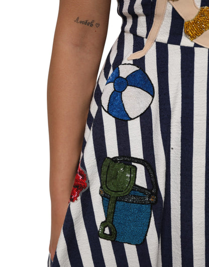 Blue White Striped Embroidered A-line Dress