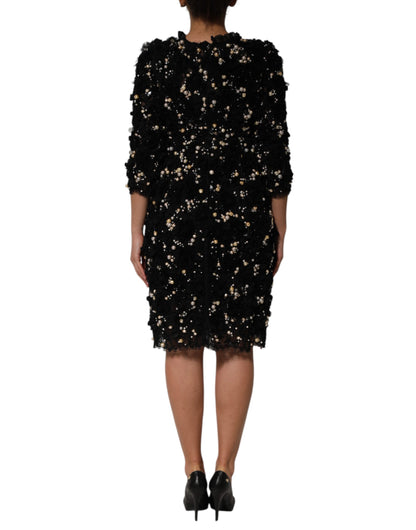 Black Viscose Pearl Embellishment Shift Dress