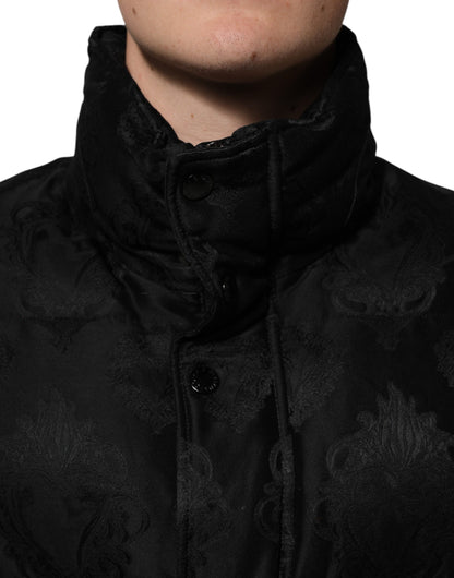 Black Jacquard Quilted Puffer Bomber Jacket