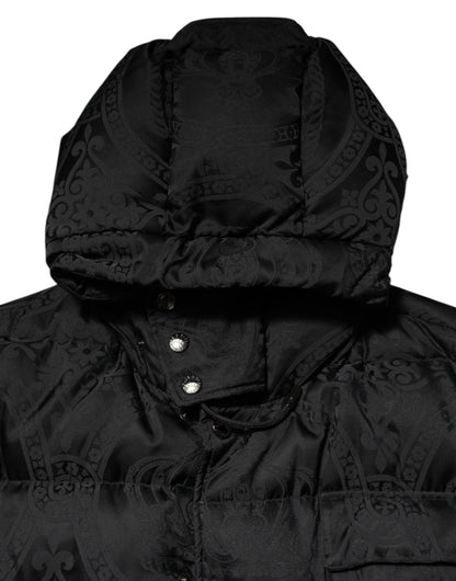 Black Jacquard Quilted Puffer Hooded Jacket