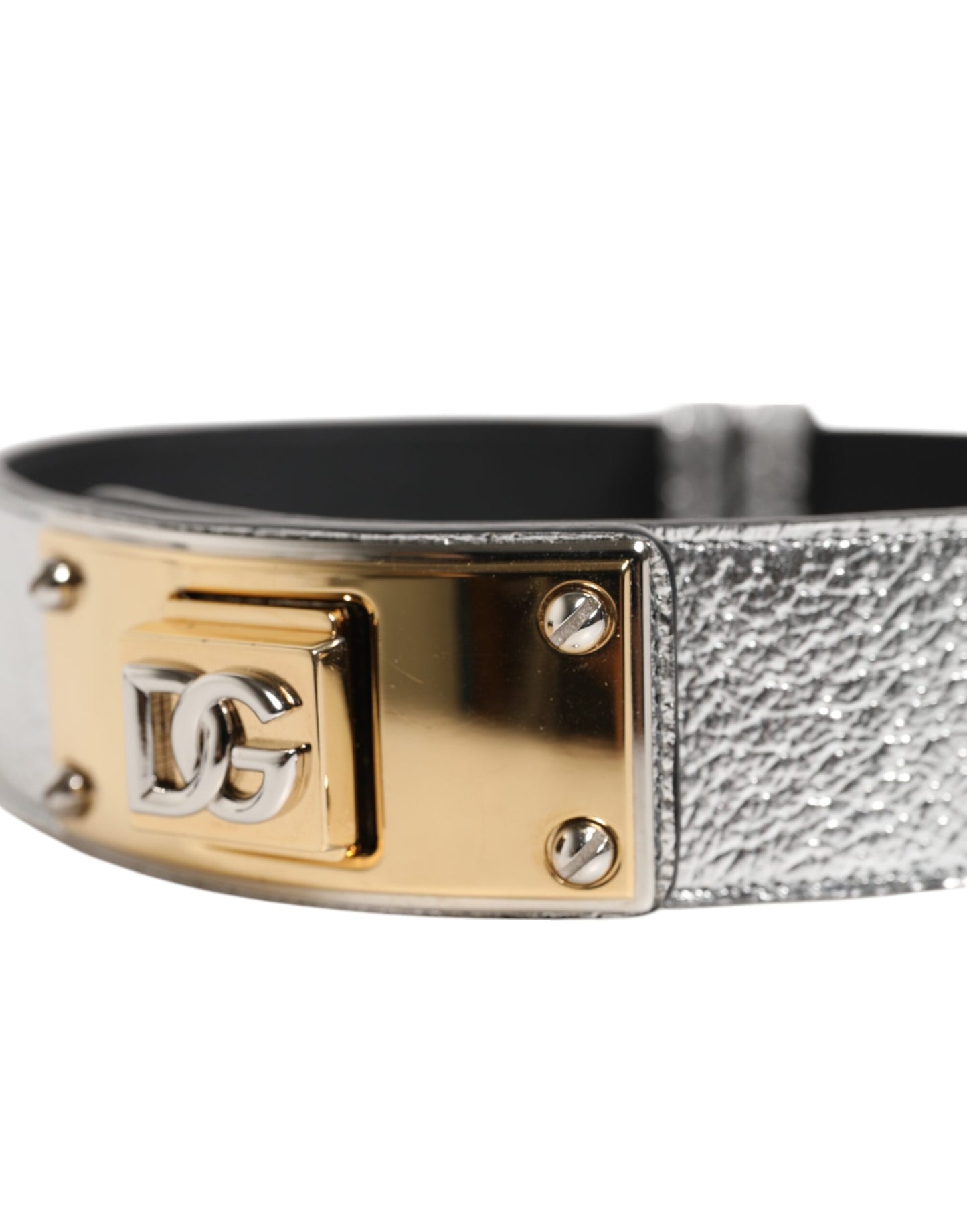 Silver Textured Leather Gold Tone Metal Neckband