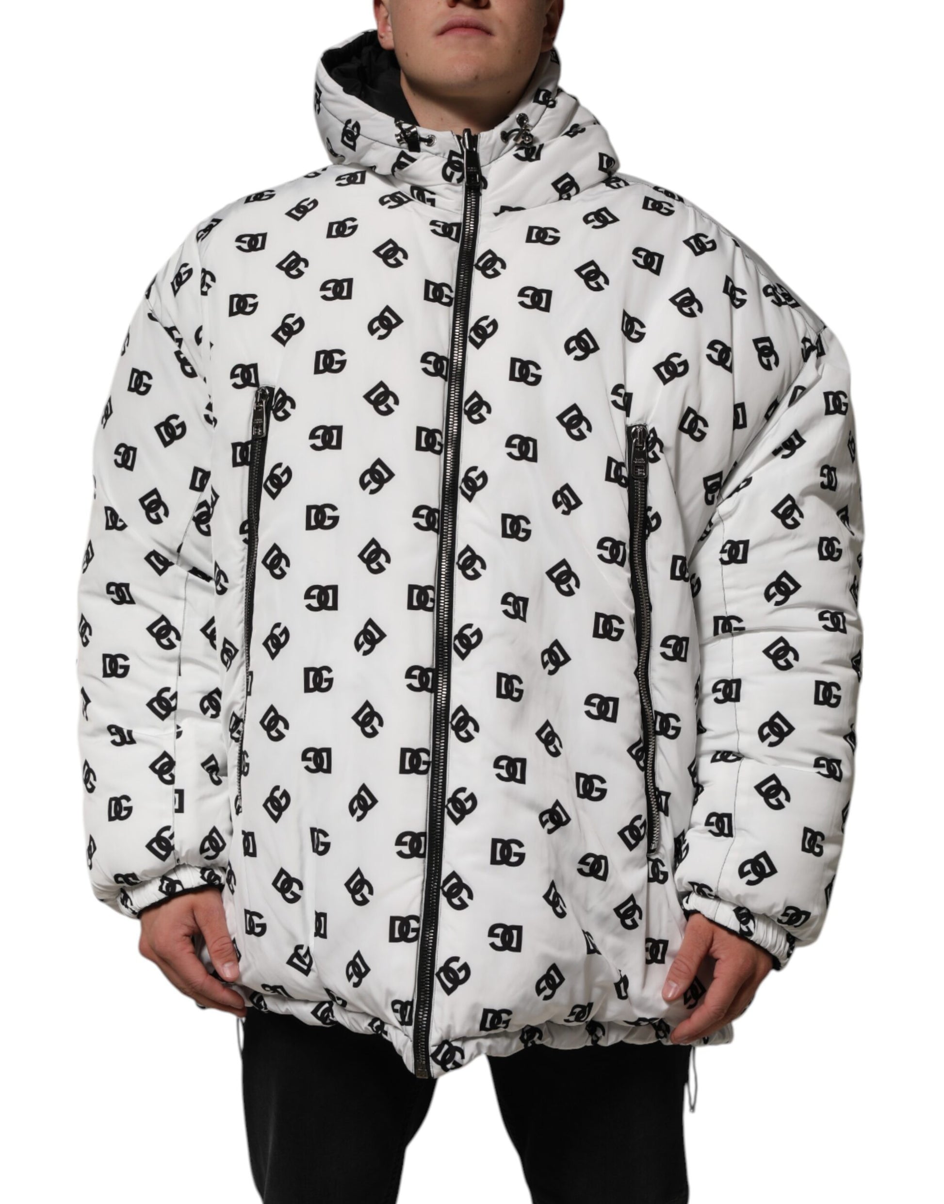 White DG Monogram Hooded Puffer Jacket