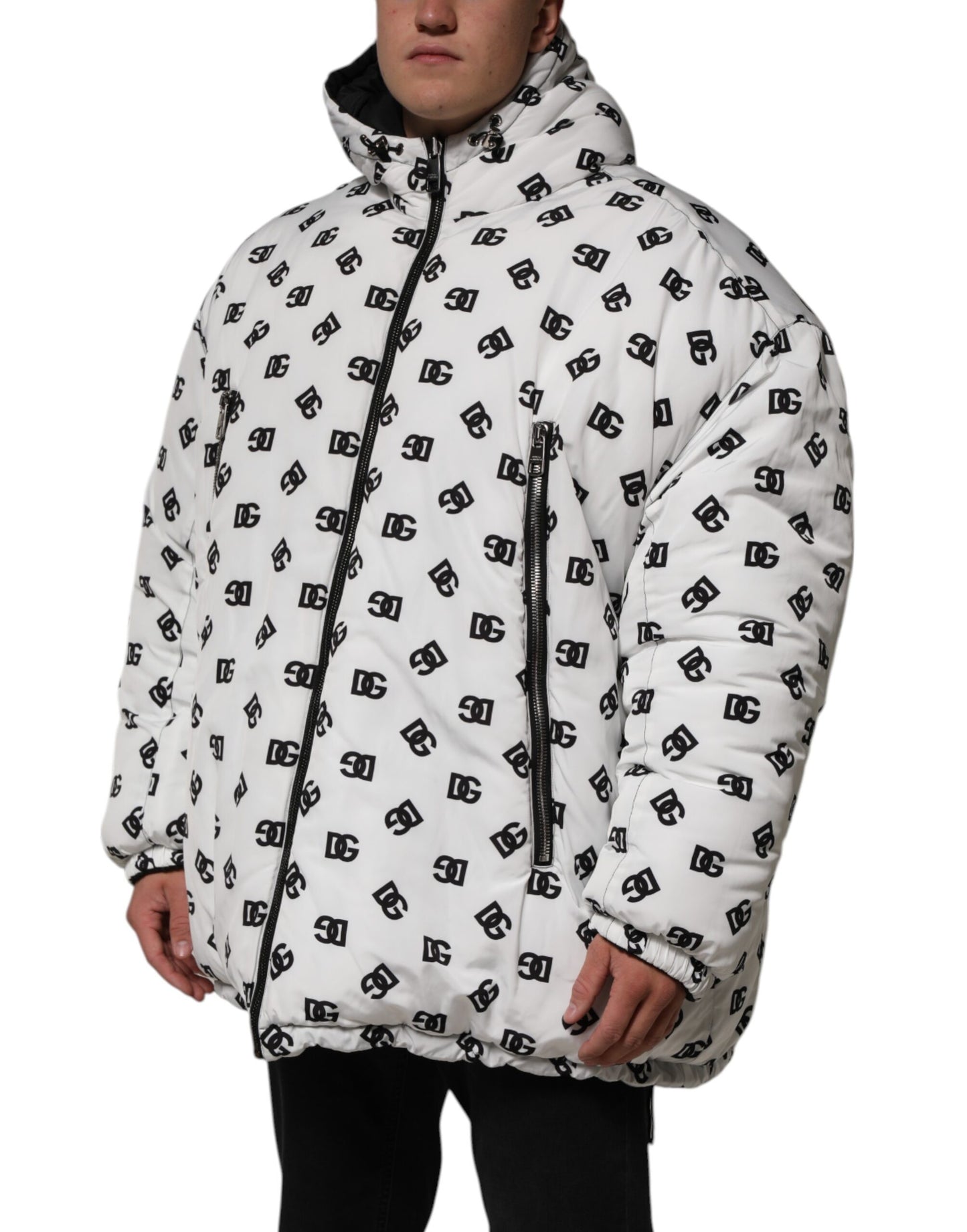 White DG Monogram Hooded Puffer Jacket