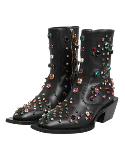 Black Crystal Cowboy Leather Men Boots Shoes