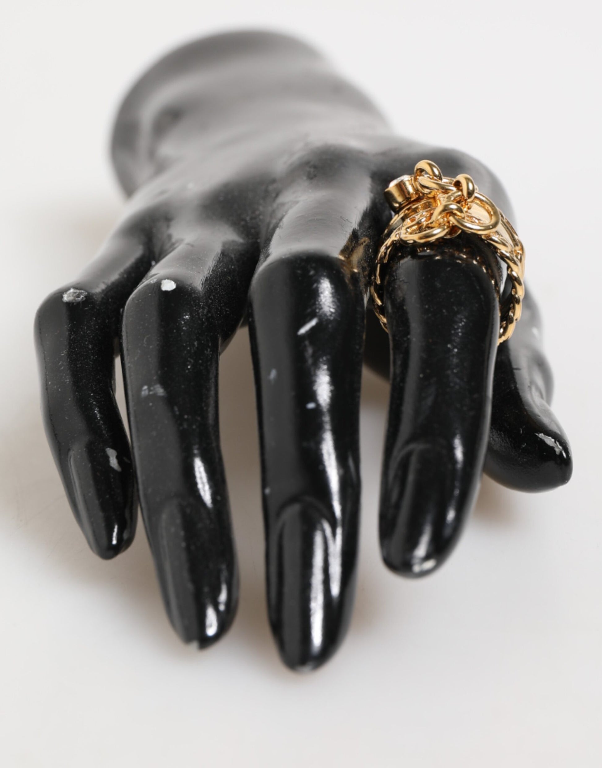 Gold Tone Brass Logo Chain Clear Crystals Adjustable Ring