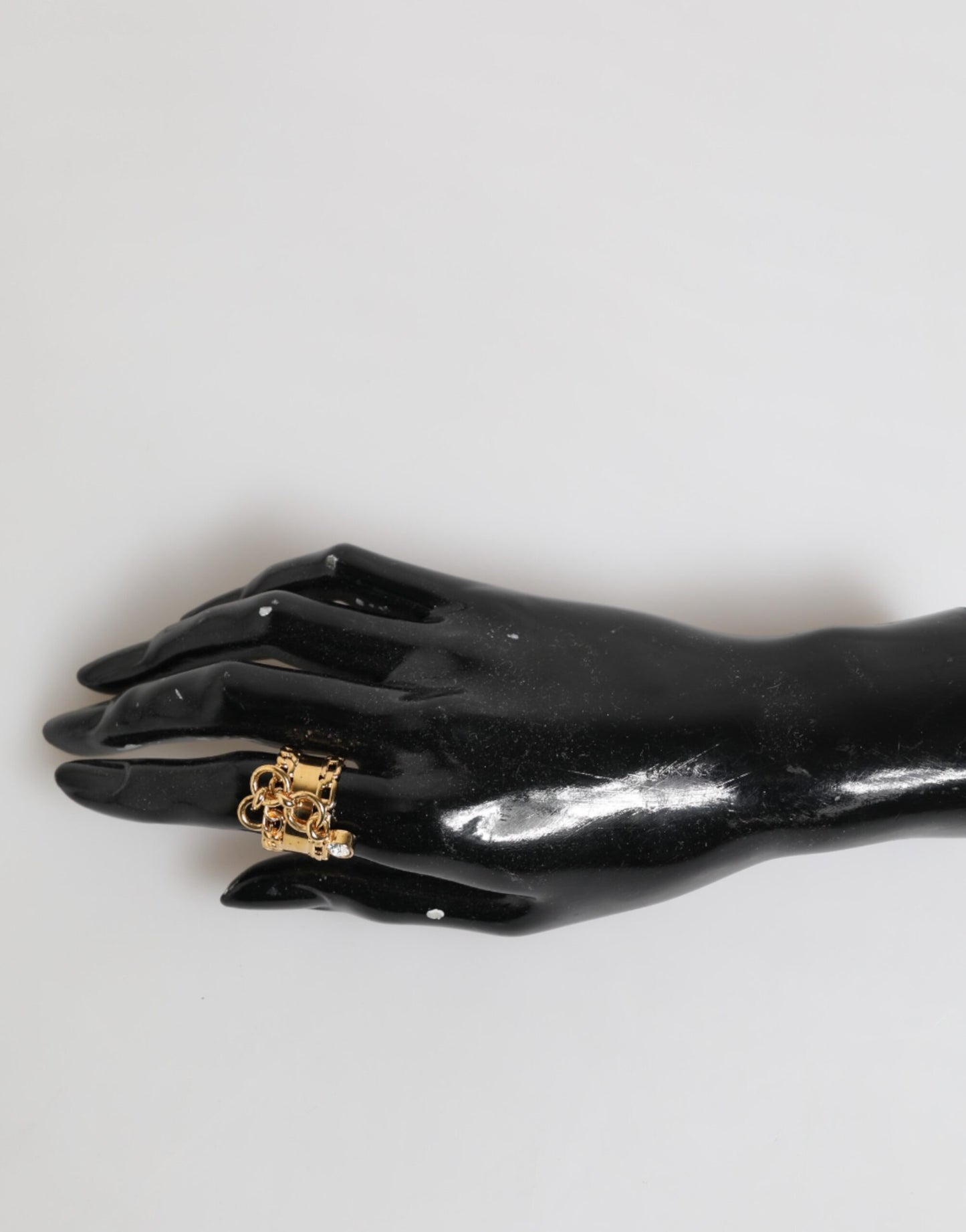 Gold Tone Brass Logo Chain Clear Crystals Adjustable Ring