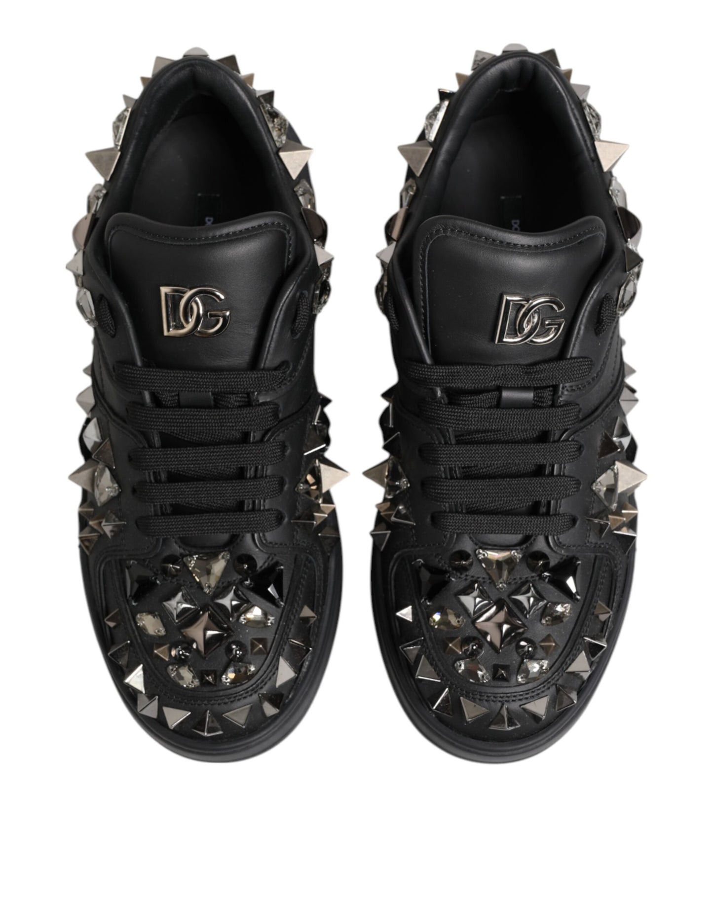 Black Leather Studded Low Top Sneakers Shoes