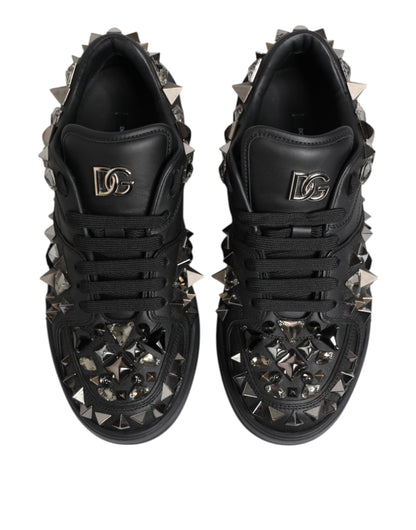 Black Leather Studded Low Top Sneakers Shoes