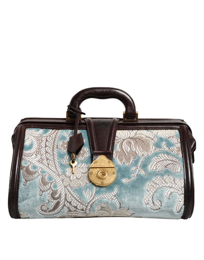 Blue Brown Leather Floral Jacquard Travel Handbag Bag
