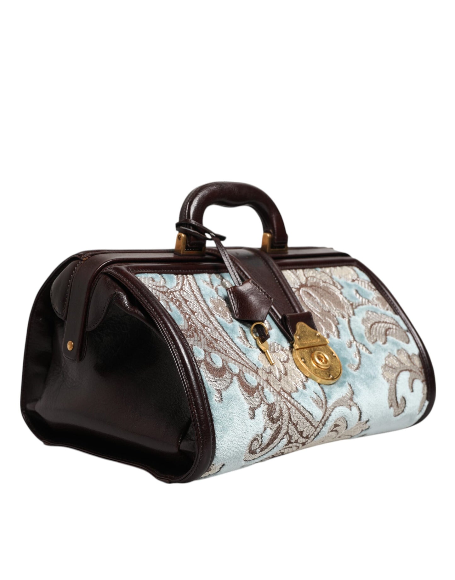 Blue Brown Leather Floral Jacquard Travel Handbag Bag
