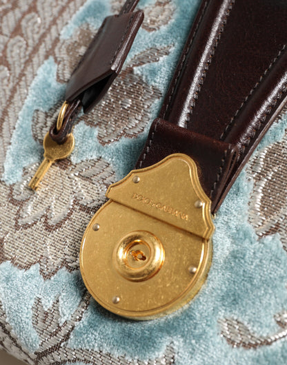 Blue Brown Leather Floral Jacquard Travel Handbag Bag