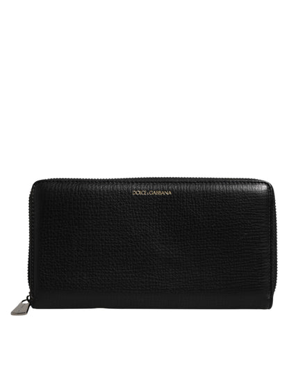 Black Calfskin Leather Logo Zip Around Continental Wallet