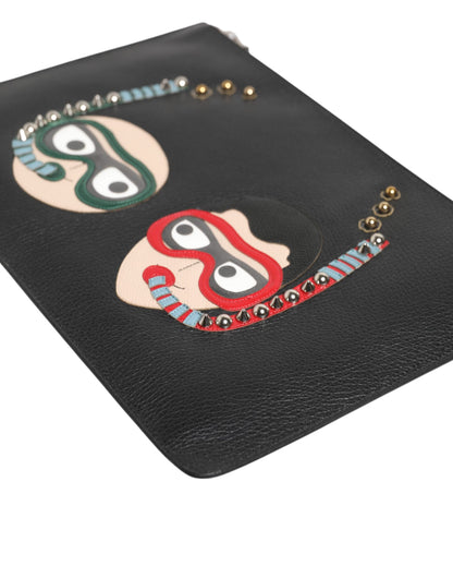 Black Leather #DGFAMILY Embellished Men Clutch Pouch Bag