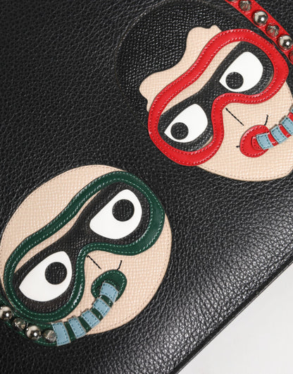 Black Leather #DGFAMILY Embellished Men Clutch Pouch Bag