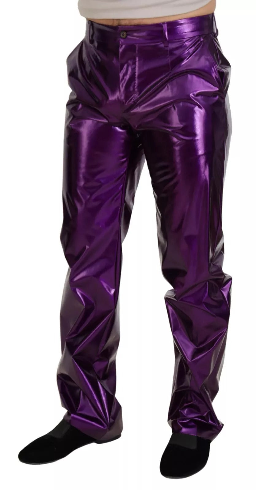 Purple Metallic Nylon Straight Trouser Pants
