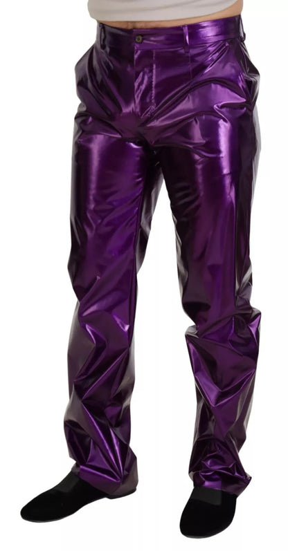 Purple Metallic Nylon Straight Trouser Pants